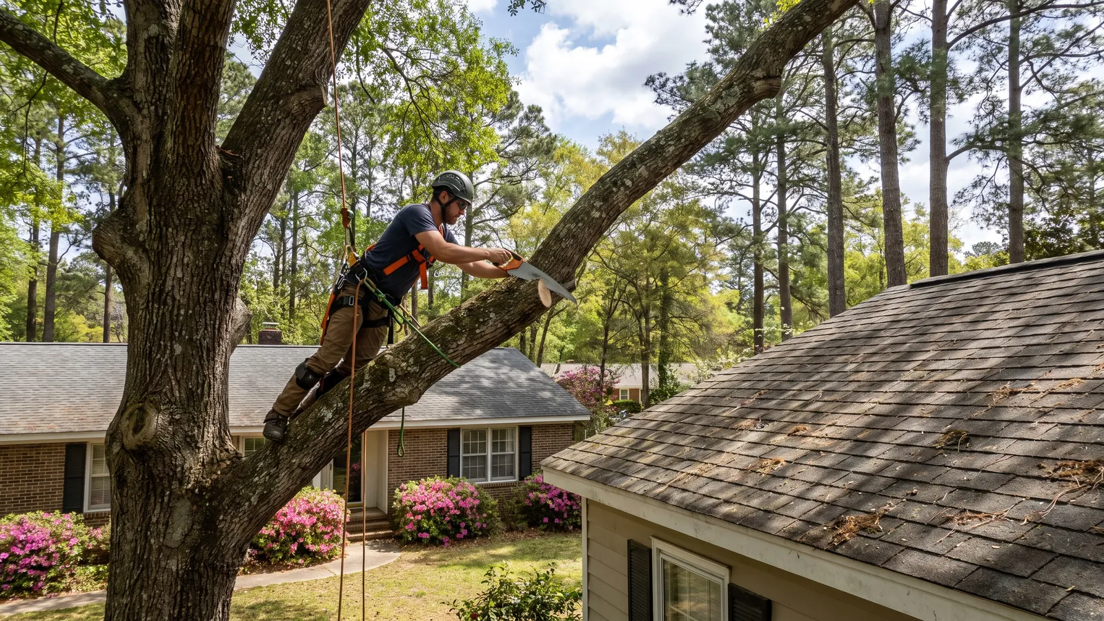 Arborist making a clean pruning cut on a laurel oak branch over a shingled roof in a South Carolina yard