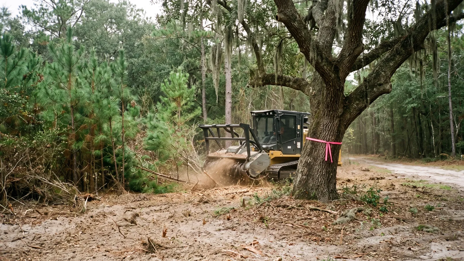Forestry mulcher clearing pines and underbrush while a large live oak marked with survey ribbon is left standing in Horry County