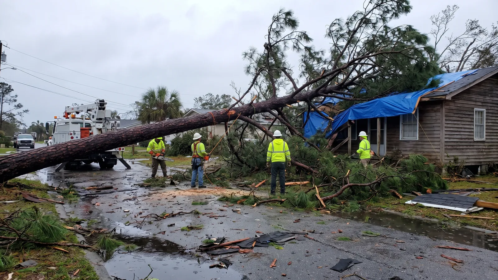 Tree crew at dawn cutting a pine that fell across the roof of a coastal South Carolina home after a hurricane