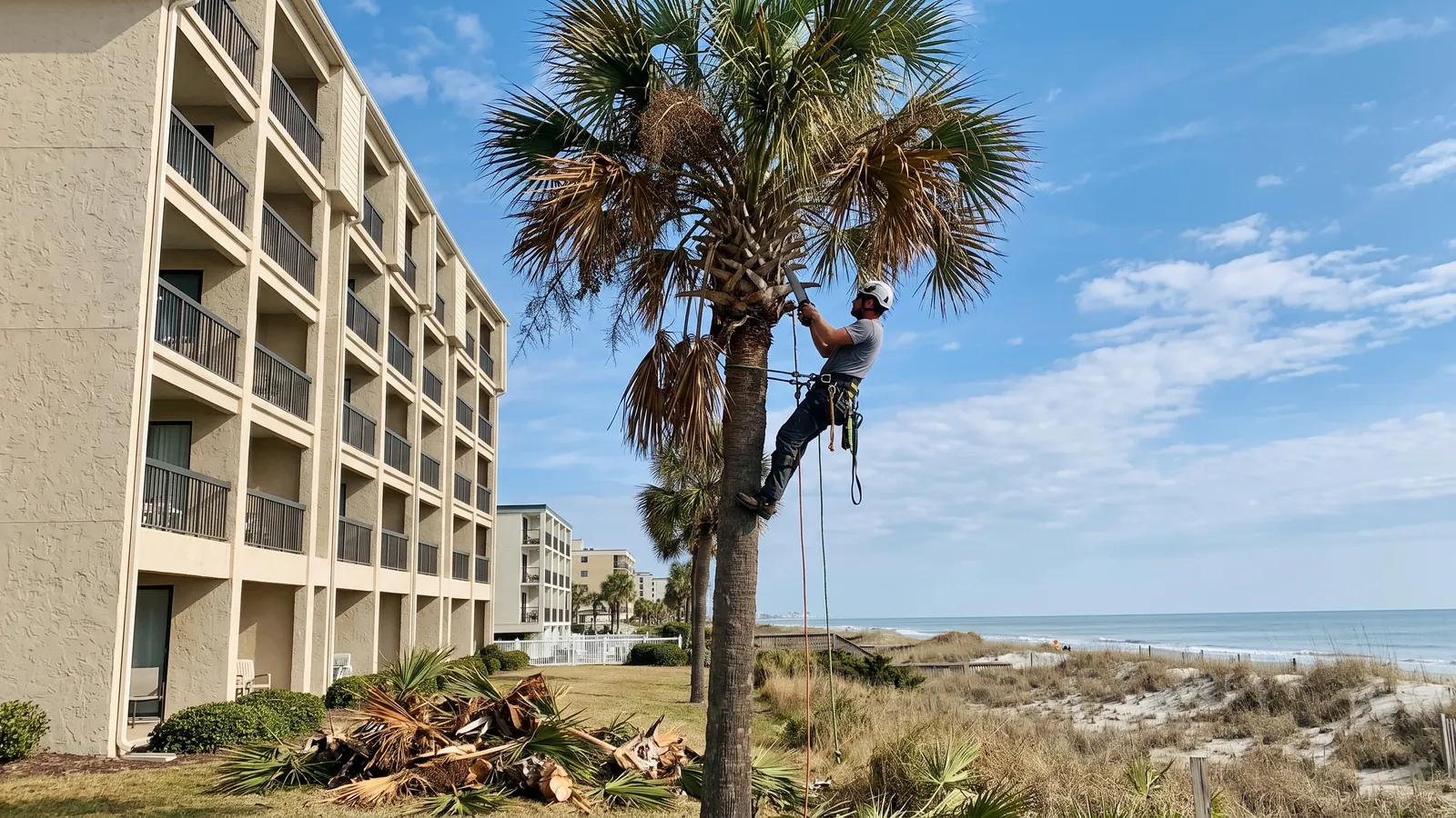Worker trimming dead fronds and seed pods from a tall sabal palmetto beside an oceanfront condo in Myrtle Beach